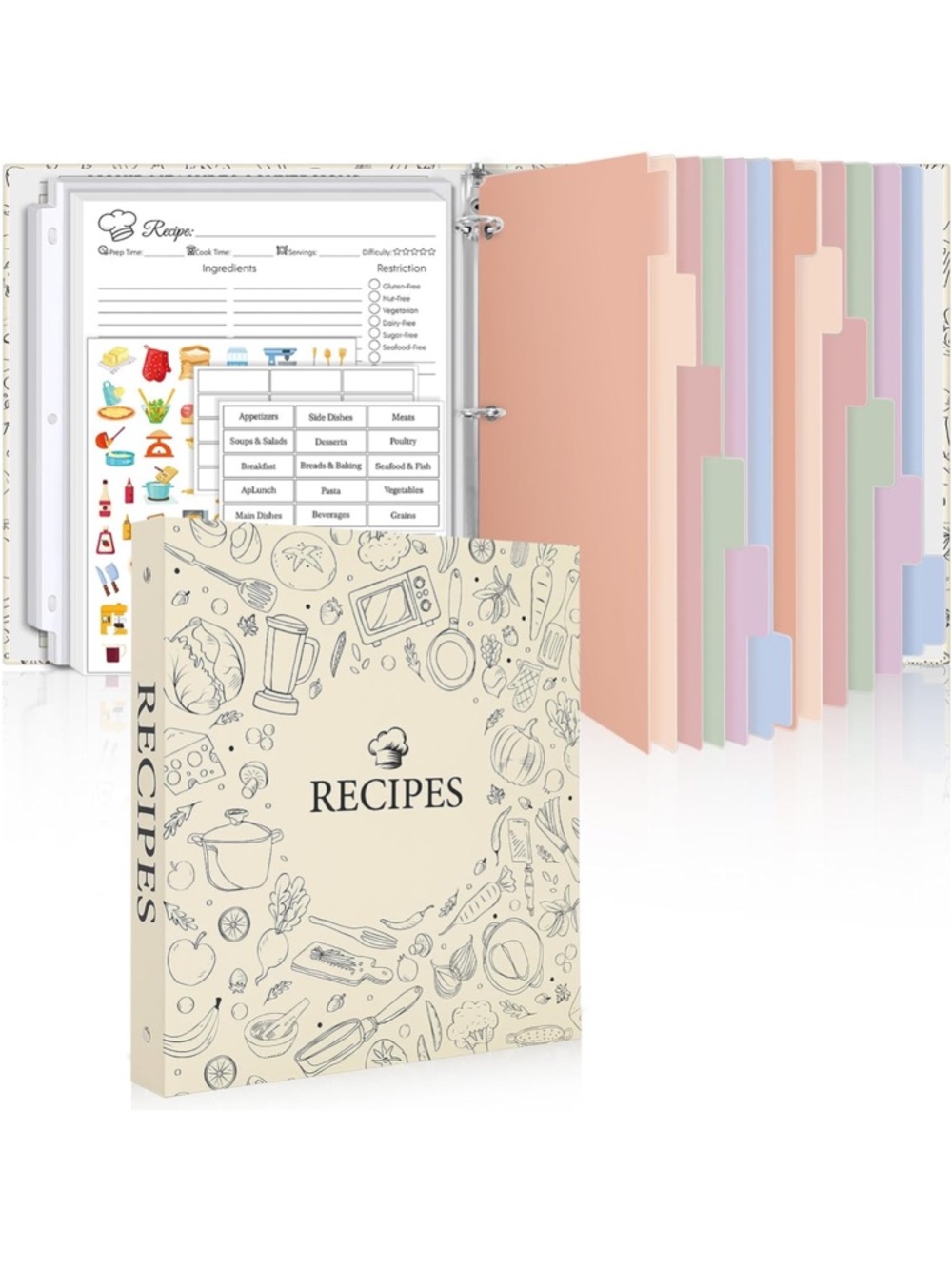 NEW in Box Recipe Binder 60 Plastic Sleeves, 12 Dividers, 60 Blank Recipe Cards